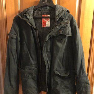 VOLCOM MENS CANVAS COAT WITH HOOD. SIZE M. COLOR GRAY.